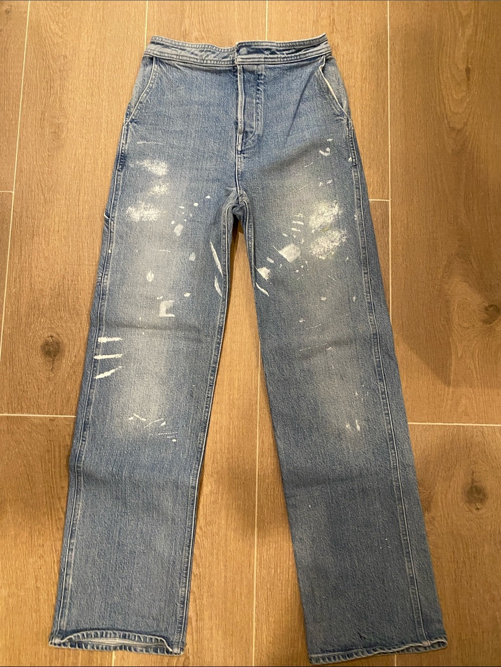 RtA Women's Straight Jeans in Light Blue with White Paint Splatter